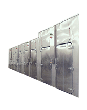 A row of stainless steel refrigerators on top of green background.