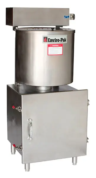 A stainless steel tank sitting on top of a metal box.