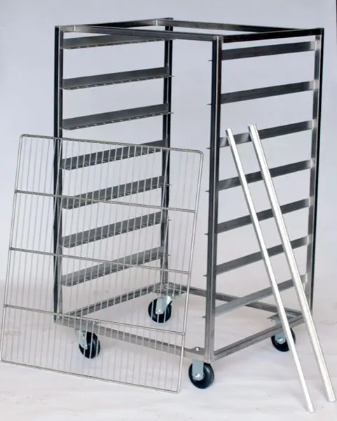 A metal cart with wheels and two shelves.